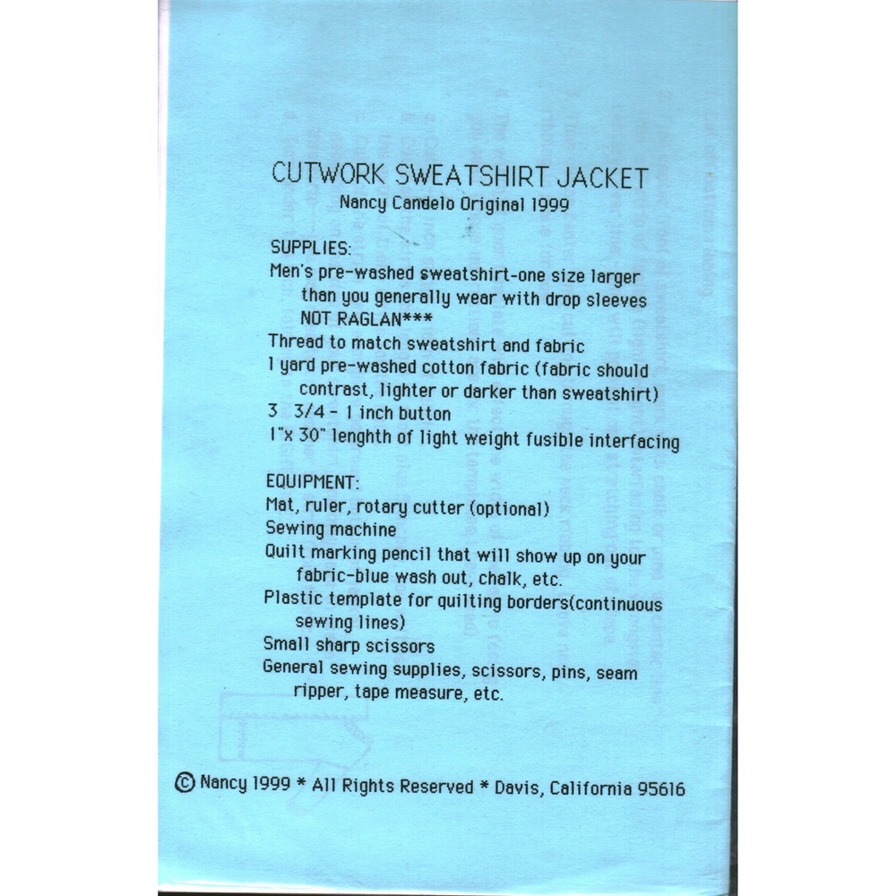 Nancy Candelo 1999 Cutwork Sweatshirt Jacket Sewing Pattern 7523 Upcycle Guide - Picture 2 of 2